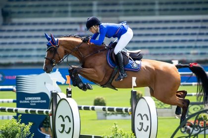 Edwina Tops-Alexander and Identity Vitseroel on Tops International Arena's amazing new turf surface for the Valkenswaard leg of the GCL. © GCL